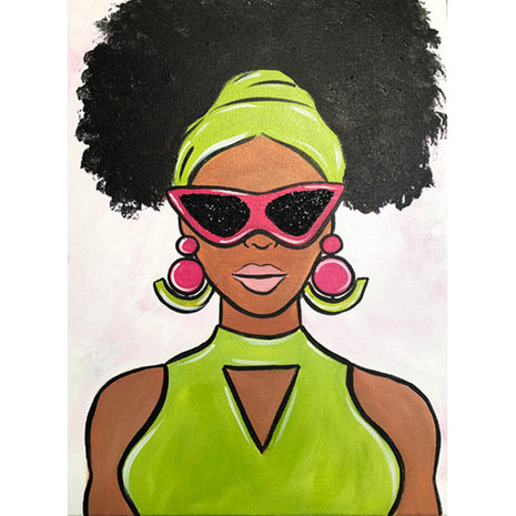 Canvas painting of an African American woman wearing a green scarf in her beautiful full Afro, a chic green top, and pink cat eye sunglasses with black glittered lenses and pink and green geometric earrings. 
