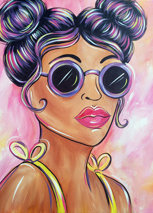 Canvas painting of pop art woman with round sunglasses and bright pink lipstick. Her hair is pulled up into two buns, and she is wearing a yellow strappy top. 