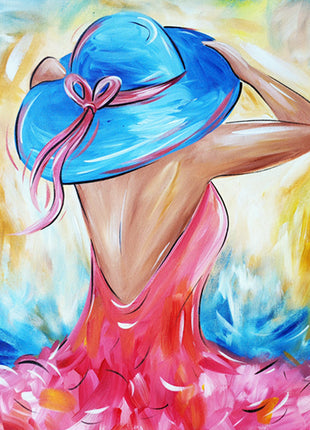 Canvas painting of a young woman wearing a sky blue sunhat and a bright pink dress with colorful background. 