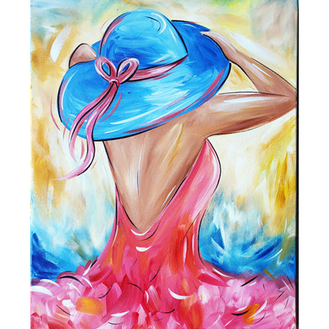 Canvas painting of a young woman wearing a sky blue sunhat and a bright pink dress with colorful background. 