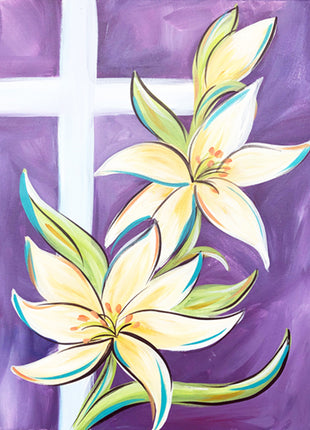 Canvas painting of a white cross on a purple fluorescent background. White lilies with teal and green accents are in front of the cross. 