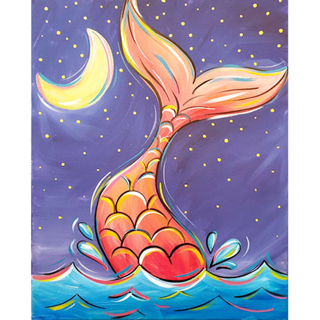 Canvas painting of a mermaid splashing headfirst into the water. The sky is purple and there is a crescent moon in the background. The mermaid is orange with colorful highlights.