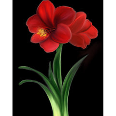 Canvas painting of red amaryllis against a black background. 