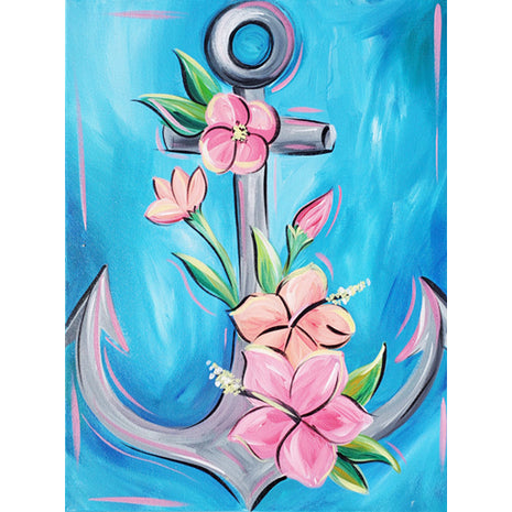 Canvas painting of a boat anchor with pink and orange flowers adorning it. 