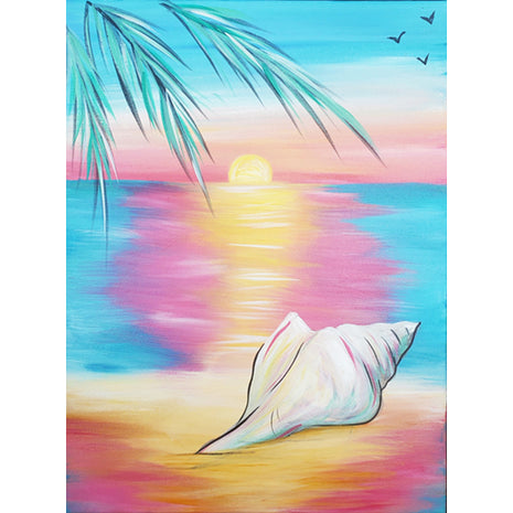 Canvas painting of a pastel colored sunset on a beach with a large conch shell in the foreground. 