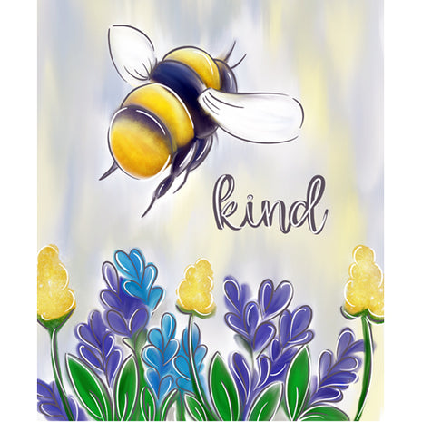Canvas painting of a bee flying over an array of colorful flowers below. 