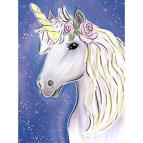 Canvas painting of a celestial unicorn. The unicorn is white and has flowing hair and flowers above his ears. 