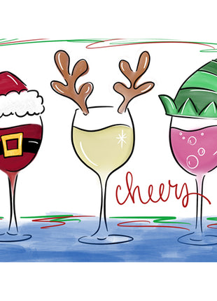 Canvas painting of three wine glasses - one of them with a Santa hat, one with reindeer ears, and one with an elf hat. Cheers! 