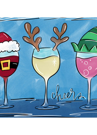 Canvas painting of three wine glasses - one of them with a Santa hat, one with reindeer ears, and one with an elf hat. Cheers! 