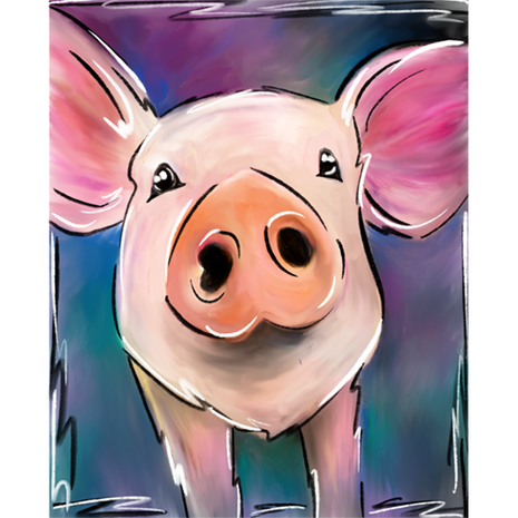 Canvas painting of a young piglet against a very colorful background. 