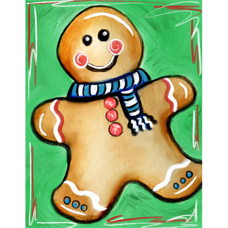 Canvas painting of a gingerbread man cookie. He is wearing a scarf. 