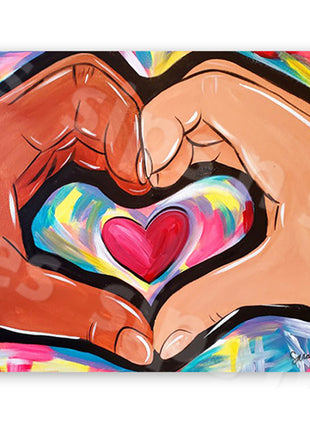 Colorful canvas painting of two hands, one dark skinned, one light skinned, forming a heart. 
