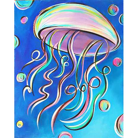 Canvas painting of a brightly colored jellyfish in the ocean. 