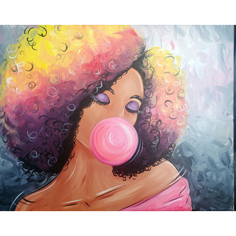 Canvas painting of an African American woman with beautifully colored Afro. She is blowing a pink bubble. 