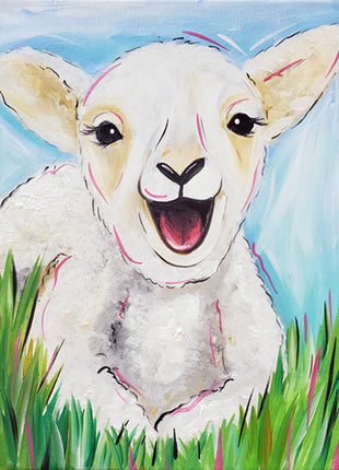 Canvas painting of a sweet little happy lamb in tall grass.