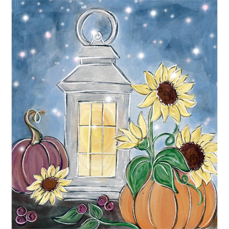 Canvas painting of a fall montage. There is a light gray lantern with two colorful pumpkins, one deep red and one orange, and several sunflowers. Fireflies are seen in the sky as well. 