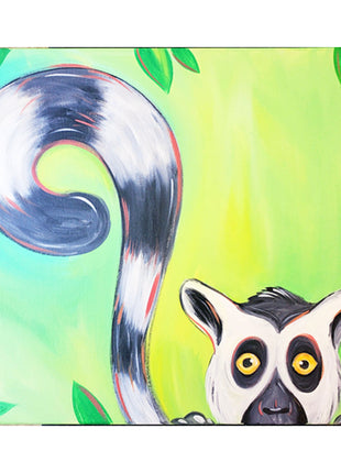 Canvas painting of a cute little lemur peeking out from a background of green. The lemur is white and black and has a long curly tail. 