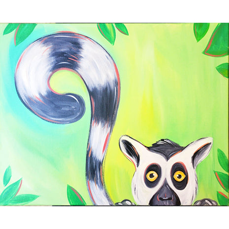 Canvas painting of a cute little lemur peeking out from a background of green. The lemur is white and black and has a long curly tail. 