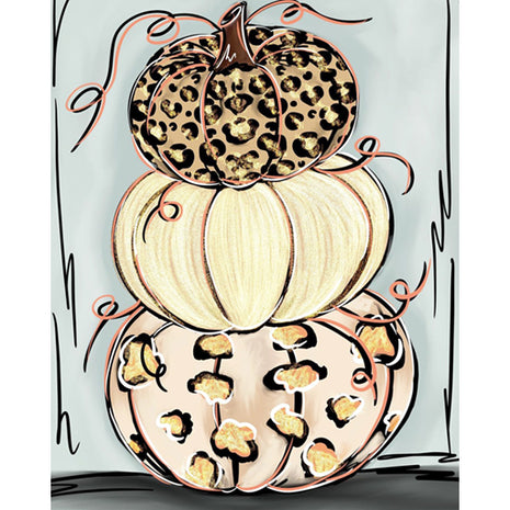 Canvas painting of a stack of three pumpkins in muted colors - leopard print pumpkins on the top and bottom, and a beige painting in the center. The curvy vines coming off the tops of the pumpkins have a nice metallic copper highlight. 