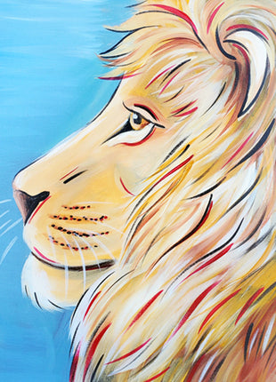 Canvas painting of a regal lion with colorful highlights. 
