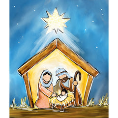 Canvas painting of a nativity scene. The sky is blue with stars in it. There is a small shelter that is glowing centered under a very large bright star. Inside the shelter is a shepherd, a woman and a baby in the manger. 