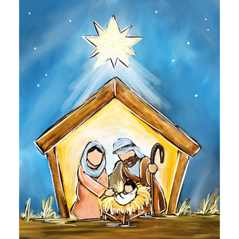 Canvas painting of a nativity scene. The sky is blue with stars in it. There is a small shelter that is glowing centered under a very large bright star. Inside the shelter is a shepherd, a woman and a baby in the manger. 